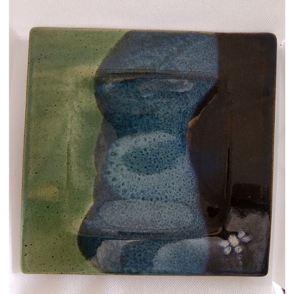 TRINKET DISH/SHELF DECOR-Blue Green Glazed-Hand Made-Square-Dragonfly - Picture 2 of 7